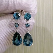 Natural London Blue Topaz Sterling Silver Drop Earrings 4 Cts Genuine Gemstone - £73.11 GBP+
