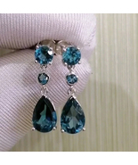 Natural London Blue Topaz Sterling Silver Drop Earrings 4 Cts Genuine Ge... - £72.59 GBP+