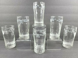 6 Libbey Clear Floral Etched Tumblers Set Vintage 5&quot; Optical Facet Base Glasses - £28.72 GBP