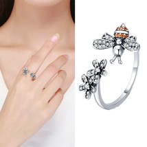 WOSTU Real 925 Sterling Silver Fashion Bee&amp;Flower Finger Open Rings For Women Da - $24.59