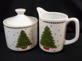 Small china covered sugar &amp; creamer for one Christmas tree gold snowflakes - $17.95