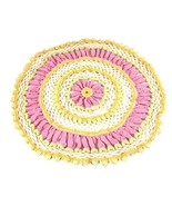 Vtg Handmade Crochet Doily 13.5&quot; Wide Dbl Petals Bright Colors Pink Yell... - $21.48