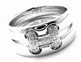 Authentic! Hermes 18k White Gold Diamond H Double Band Flex Band Ring - £2,370.23 GBP