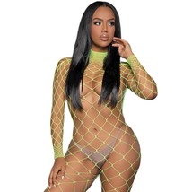 Wide Fishnet Bodystocking Footless Long Sleeves Open Back Neon Green 2357 - £14.97 GBP