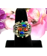 Vintage COLORFUL GEMS Faux Pearls RING Rhinestones Silvertone Split Shan... - $17.81