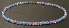 Beaded necklace; purple, blue, clear; silver lobster clasp; 16.5 inches long - £15.18 GBP