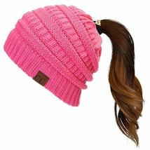 Candy Pink - Ponytail Beanie Adult Soft Stretch Knit Messy High Bun - £23.75 GBP