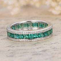 2.80Ct Princess Cut Green Emerald Wedding Eternity Band Ring 14K White Gold Over - £59.77 GBP