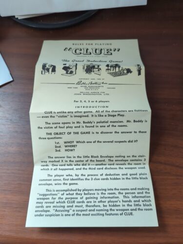 Original Copyright 1949 Vintage Parker Brothers CLUE Instructions FREE S... - $4.95