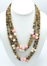 Jules Multi Layer Heishe Peach Pink Ceramic Bead Baroque Pearl Necklace - £15.77 GBP