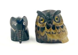 Hand Carved Water Buffalo Horn Scrimshaw Owl Elephant Set of 2  USA SELLER - £11.87 GBP