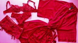 Victoria&#39;s Secret 34D Bra Set+Garter Skirt+M Panty+Robe Red Gold Angel Fantasies - £176.27 GBP
