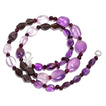 Natural Garnet Smoky Quartz Amethyst Gemstone Smooth Beads Necklace 17&quot; UB-2564 - £7.70 GBP