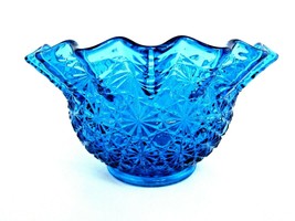  L.E. Smith Blue/Aqua &quot;Daisy and Button&quot; Glass Ruffled Bowl/Dish 3 1/4&quot; ... - $24.75