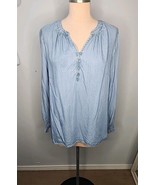Sonoma OX Blue Denim Tunic Top Smocked Collarless V Neck Blouse NEW - $20.79