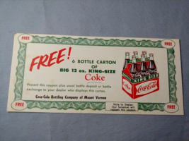 1960s Coca Cola Free King Size 6 pack Coke Coupon Advertising - $9.85