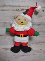 Vintage Fabric Bear Christmas Ornament Santa Claus Holly Yarn Stuffed 6 3/4&quot; - £4.60 GBP