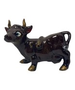 Vintage Brown Bull Cow Gold Horns Hooves Blue Eyes Figurine Animal Decor - $14.96