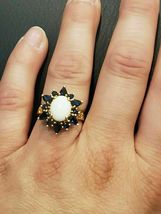 Vintage 3CT Opal and Sapphire 14k Yellow Gold Over Halo Cluster Wedding Ring - £71.55 GBP