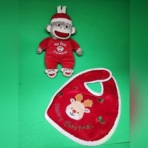 My First Christmas Plush Red Sock Monkey Rattle Lovey Doll Toy &amp; Bib - £7.70 GBP