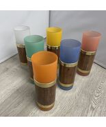 Vintage Libbey Wood Wrapped Tiki Tumblers Tall Glasses, Frosted Set Of 6... - $29.69
