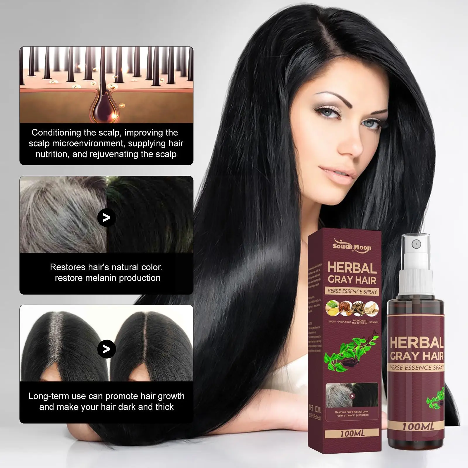 100ml Herbal White Gray Hair To Black Hair Essence Color Natural Mist Hair Serum - £19.28 GBP