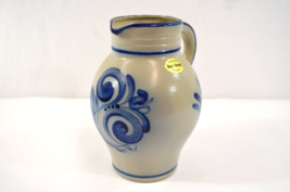 Roos Keramik German Salt Glazed Jug Pitcher Ceramic Blue Vtg Handmade Signed - £34.52 GBP