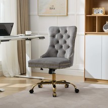 Modern Gray Velvet Tufted Office Chair, Golden Base &amp; Adjustable Swivel - $123.99