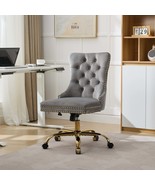 Modern Gray Velvet Tufted Office Chair, Golden Base &amp; Adjustable Swivel - €106,75 EUR