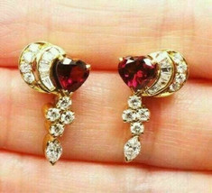 2Ct Heart Cut Red Garnet Drop Dangle Earring 14K Yellow Gold Silver Plated - £101.53 GBP