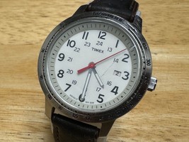 Timex Indiglo Quartz Watch Men 30m Silver White Military Date Leather New Batter - $26.59