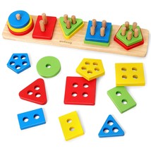 Wooden Sorting Stacking Montessori Toys, Shape Color Recognition Blocks Matching - £22.72 GBP
