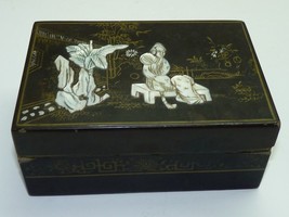 Antique Japanese Wood &amp; Lacquer Box, Mother-of-Pearl and Gold Ornamented 6&quot; x 4&quot; - £133.99 GBP