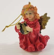 Q) Vintage Red Resin Angel With Harp Christmas Tree Ornament - $5.93