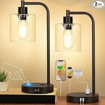 Set of 2 Industrial Bedside Lamps USB USB-C AC Outlet Open Box - $29.69