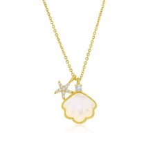 Sterling Silver MOP Seashell &amp; CZ Starfish Necklace - Gold Plated - £40.53 GBP