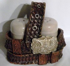 Salt Pepper Shakers Western Brown Resin W Silver Western &quot;Belt Buckle&quot; H... - $16.00