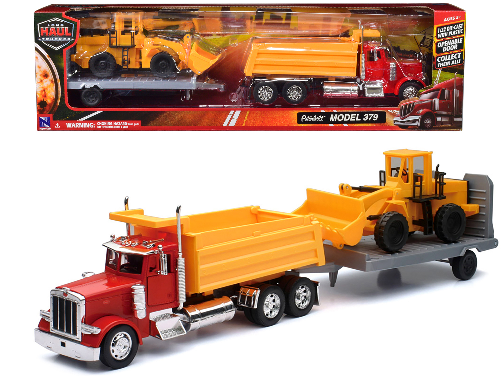 Peterbilt 379 Dump Truck Red and Wheel Loader Yellow with Flatbed Trailer "Long  - $72.21