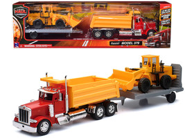 Peterbilt 379 Dump Truck Red and Wheel Loader Yellow with Flatbed Trailer &quot;Long  - £57.22 GBP
