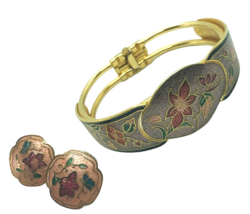 Vintage Cloisonné Floral Bangle Bracelet and pierced earring set cottage... - £14.21 GBP