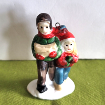 Mini Christmas Village Accessory/Ornament Boy and Girl with Gifts Porcelain - $6.92