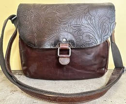 Jack Georges Floral Soft Leather Flap Crossbody Bag Tooled Brown Adjustable - £24.99 GBP