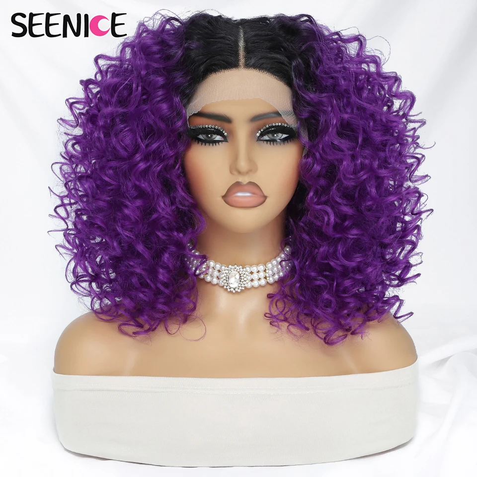Purple Curly Synthetic Lace Front Wigs For Women Water Waves Glueless Wig Afro - £34.73 GBP