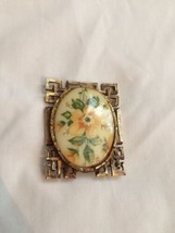 Vintage celluloid  yellow floral brooch art deco gold frame Yellowed Patina - £29.77 GBP