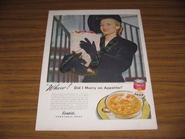 1947 Print Ad Campbells Vegetable Soup Happy Lady with Bag of Groceries - £7.27 GBP