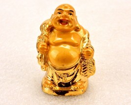 Vintage Porcelain Budai Figurine, Holding Wish-Giving Fan, Gold Tone Paint - £7.66 GBP