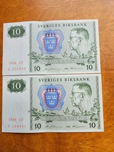 1984 Sweden 10 Kronor Banknotes Consecutively Nunbered - $3.50