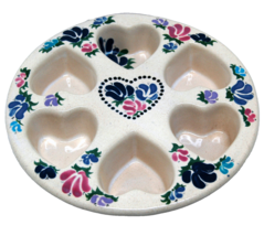 Heart Shaped Stoneware Muffin Pan Baking Dish 9&quot; Round Floral Pattern Hand Paint - £31.96 GBP