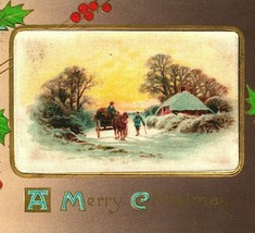 Merry Christmas Silk Panel Winter Scene Holly 1910s Winsch Back Postcard - £6.32 GBP