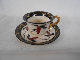 Rose Crown Miniature Teacup and Saucer Blue Trim Flowers and Gold highlights - $18.51